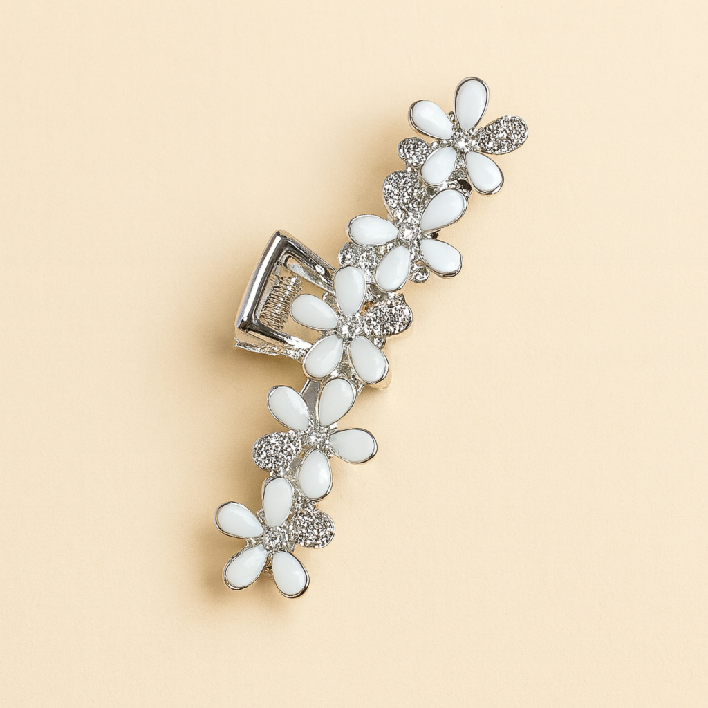 Stříbrný skřipec do vlasů s bílými květy a krystaly2